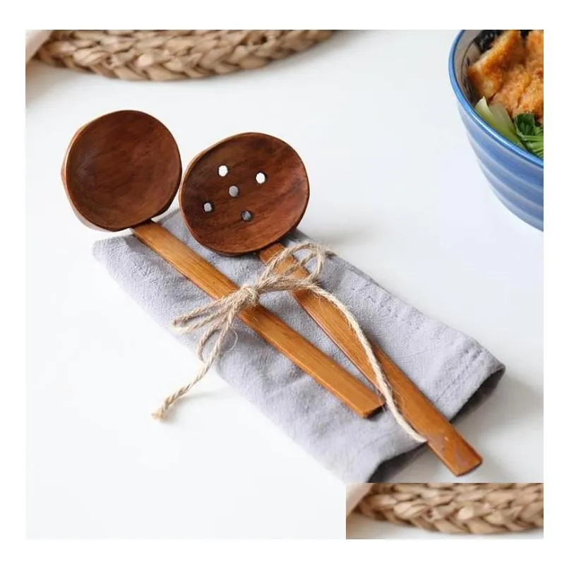 2 styles wooden soup spoons colander wood tableware japanese style ramen long handle pot spoon sn2313