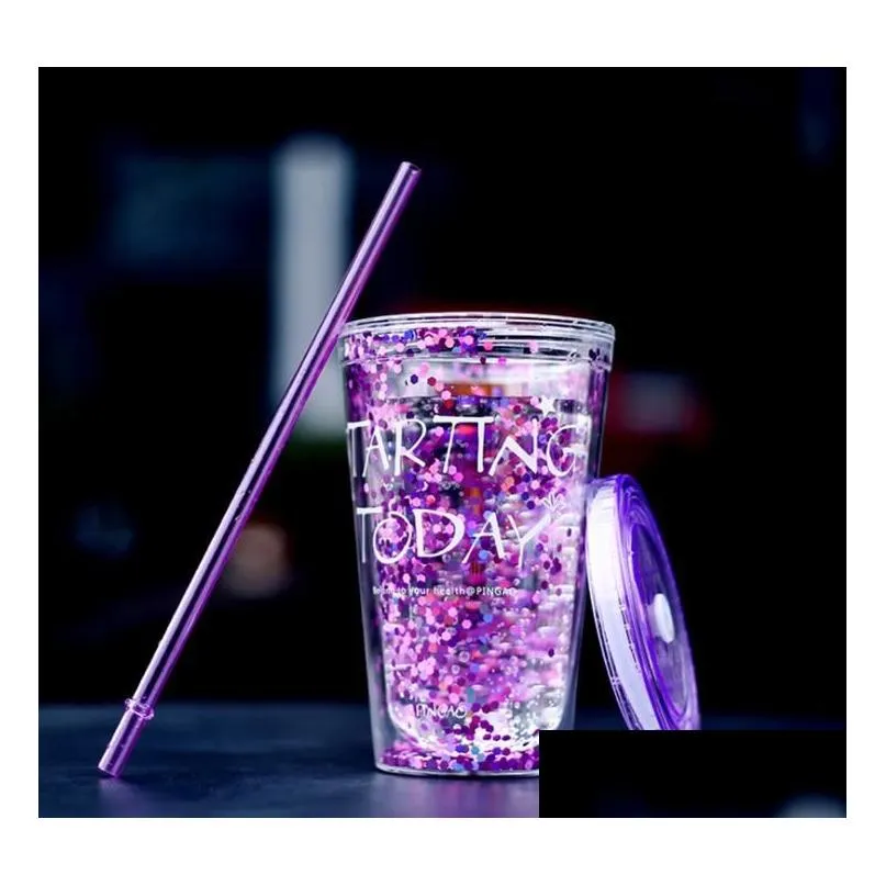 50pcs/lot 450ml creative colorful double layer plastic cup tumblers with lid summer gold powder juice cups water cup-with straw 15.5x6.5cm