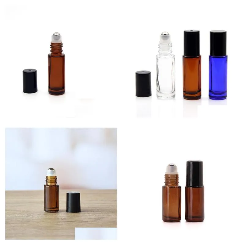 wholesale thick amber refillable 5ml mini roll on glass bottles  oil steel metal roller ball fragrance perfume sn4509