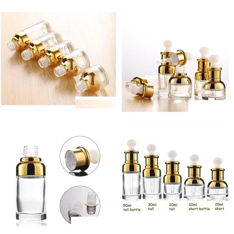 wholesale gold glass dropper bottle 20 30 50ml luxury serum bottle with gold cap for  oil sn2041