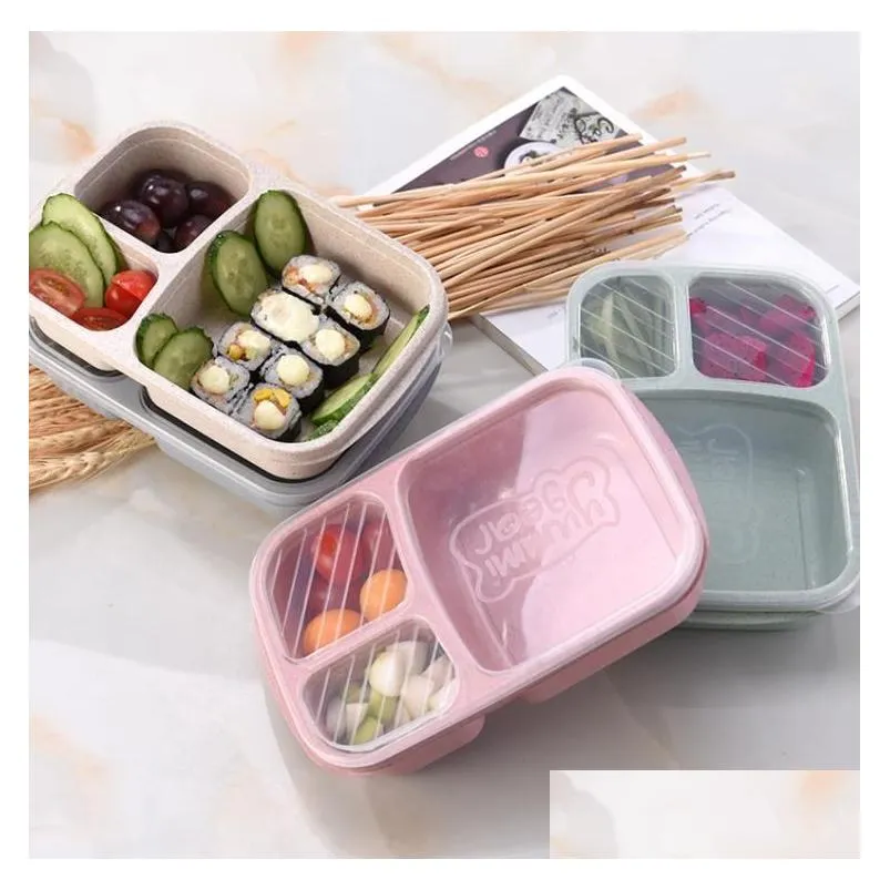 lunch box 3 grid wheat straw bento bagsradable transparent lid food container for work portable student lunch boxes containers sn4389