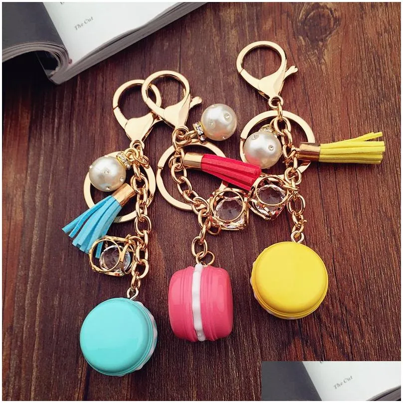 Lovely Macaron Keychains Bag Pearl Charm Keychain Chaveiro llaveros Gold Metal Keyring Car Key Holder