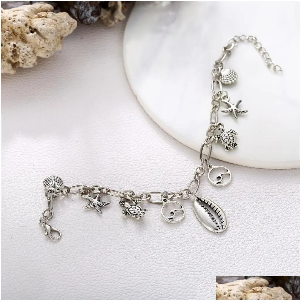 Women Bohemia retro style ancient Tibetan silver anklets sea starfish conch turtle pendant beaded foot chain yoga beach bracelets