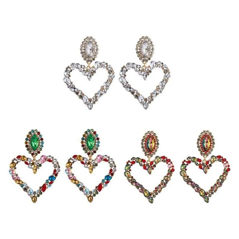 1 Pair Shiny Rainbow Crystal Rhinestone Large Heart Pendant Dangle Bib Earrings Statement Earrings Women Fashion Jewelr