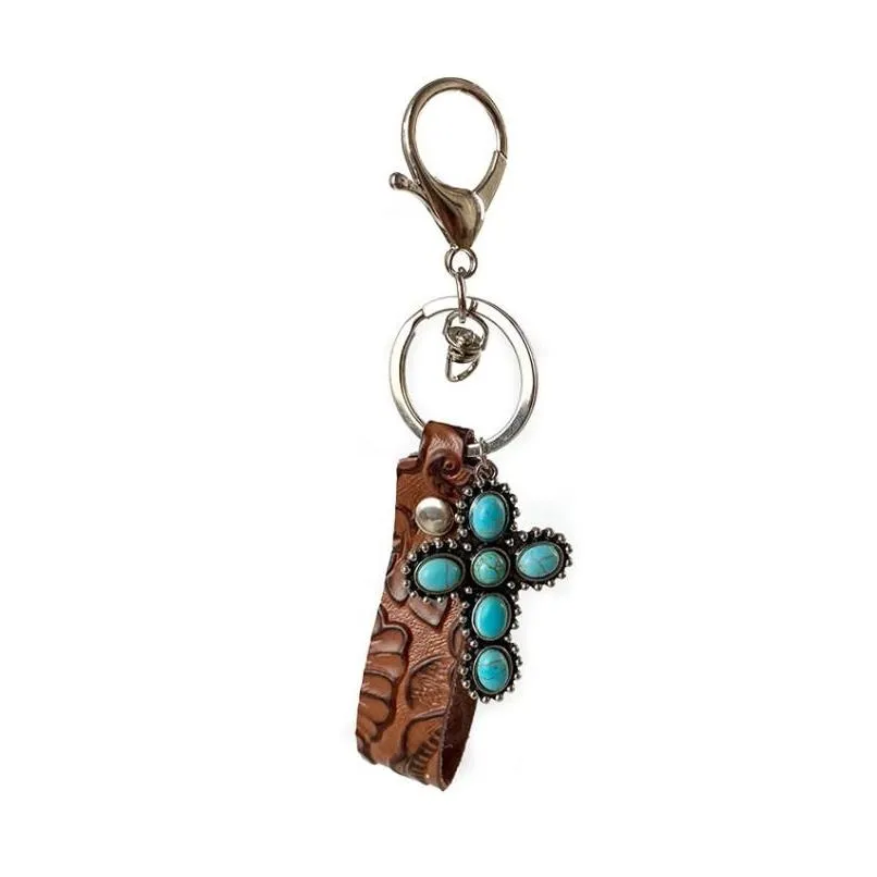 party favor vintage embossed cowhide keychain western style turquoise pumpkin flower pendant textured keychains jewelry sn4438
