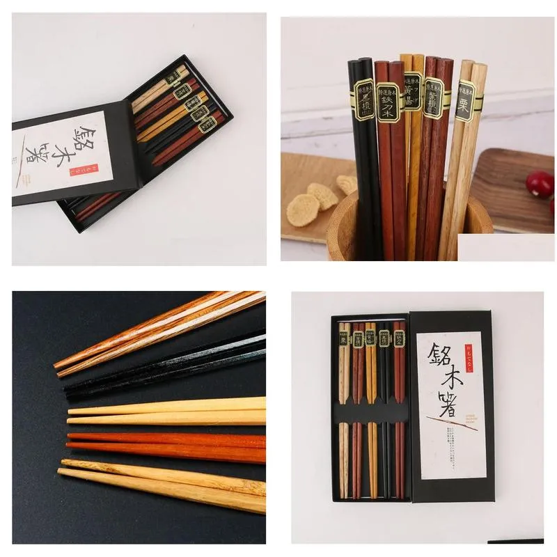 50set 5pair/set chinese wooden chopsticks tableware anti-skid household wooden set chopsticks holder cutlery gift box sn1942