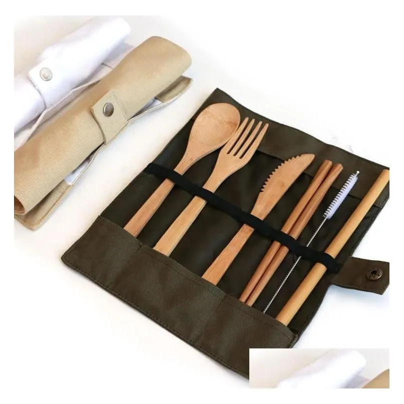 wooden outdoor utensils portable travel picnic camping cutlery set eco-friendly bamboo cutlery sets wood dinnerware-set with pouch bag