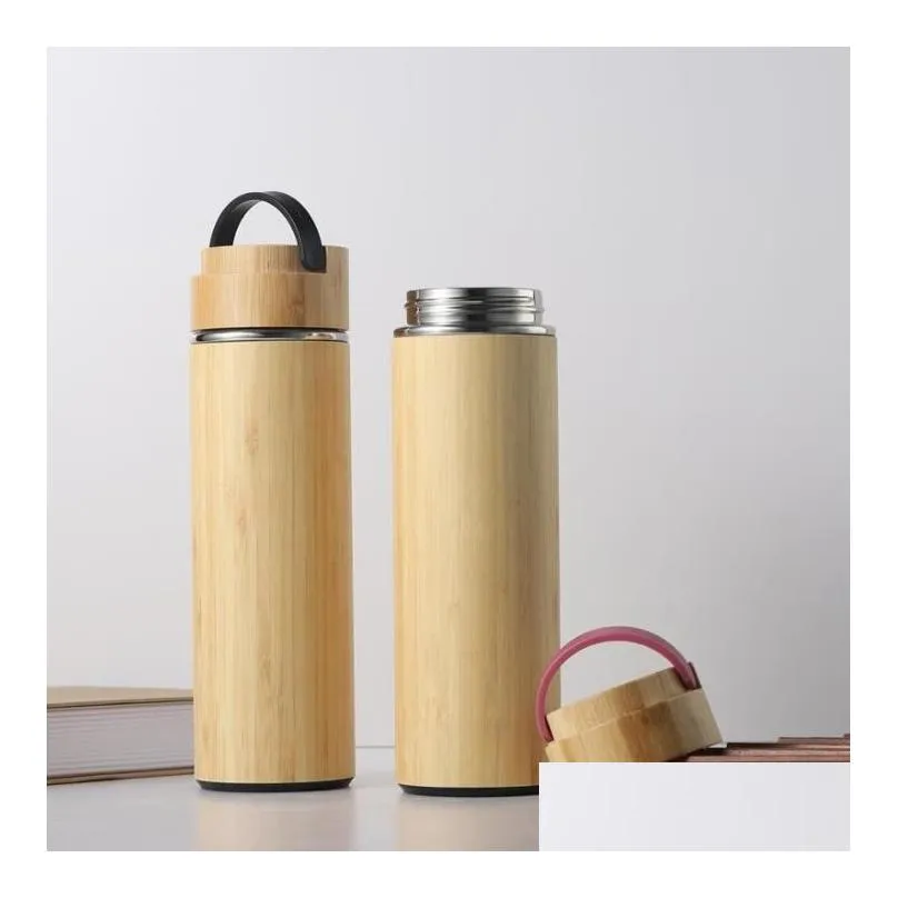 creative bamboo water bottle vacuum insulated stainless steel cup with lid tea strainer wooden straight cup sn4339