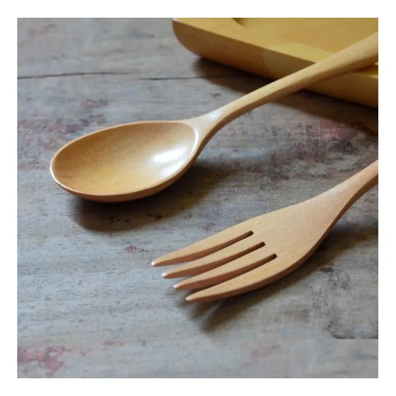 100pcs natural wood spoon and fork dinnerware coffee tea spoon salad fruit fork tableware green healthy wooden cutlery sn1288