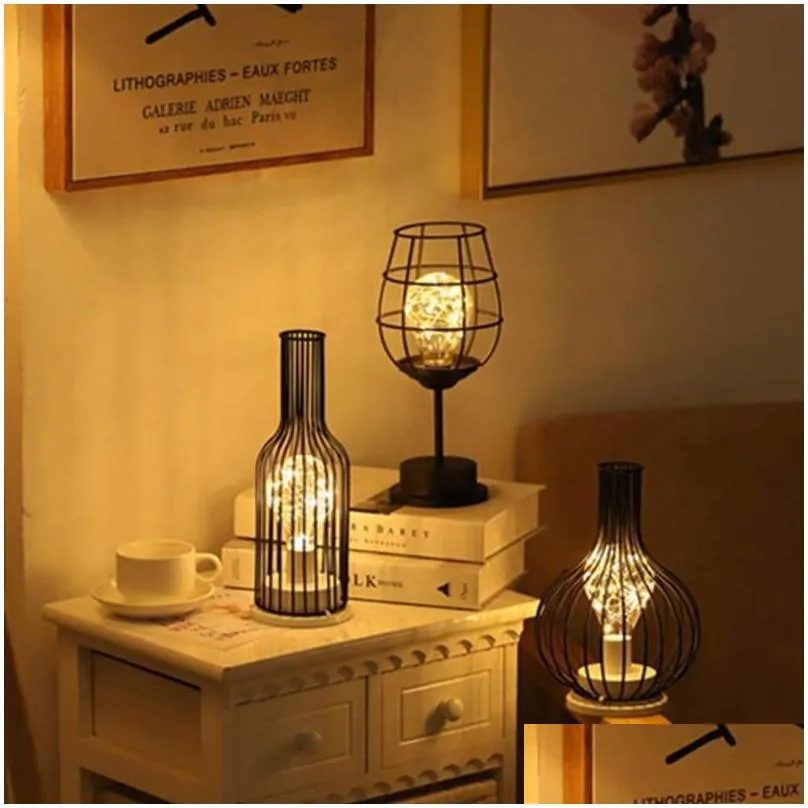 night lights iron light vintage metal wire table lamp battery operated black retro industrial basket style light desk