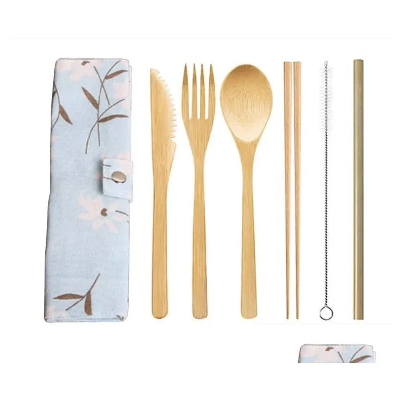 wooden outdoor utensils portable travel picnic camping cutlery set eco-friendly bamboo cutlery sets wood dinnerware-set with pouch bag