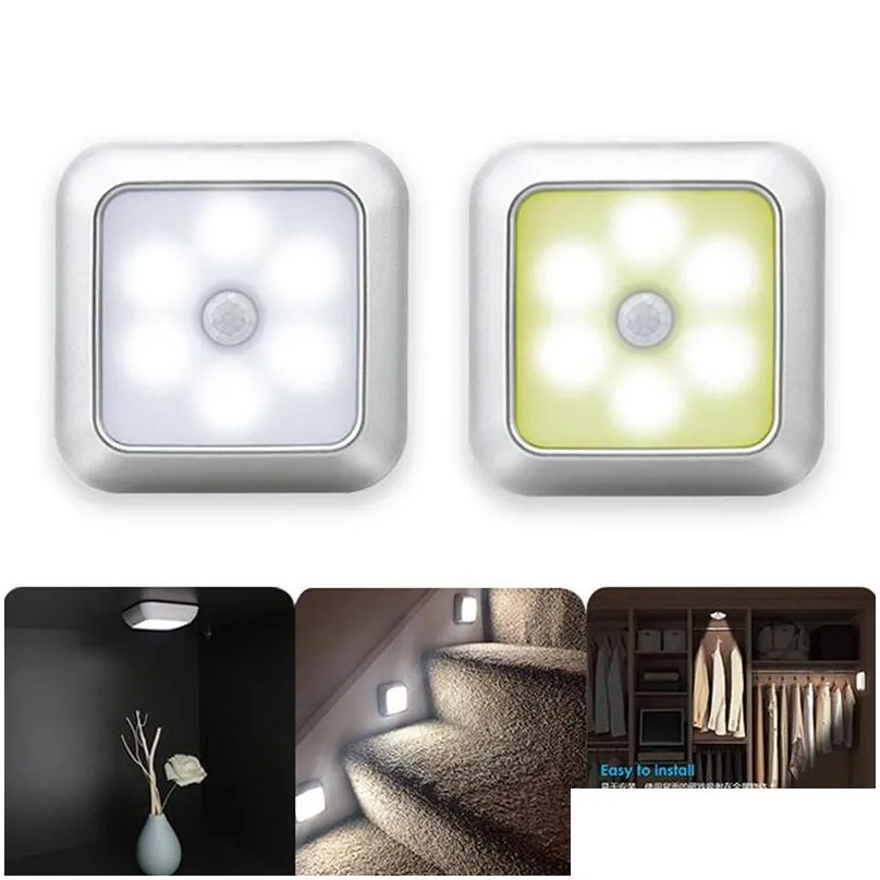 night lights 6 led battery powered square/ round motion sensor pir induction under cabinet light closet lamp for stairs kitchen drop otxus