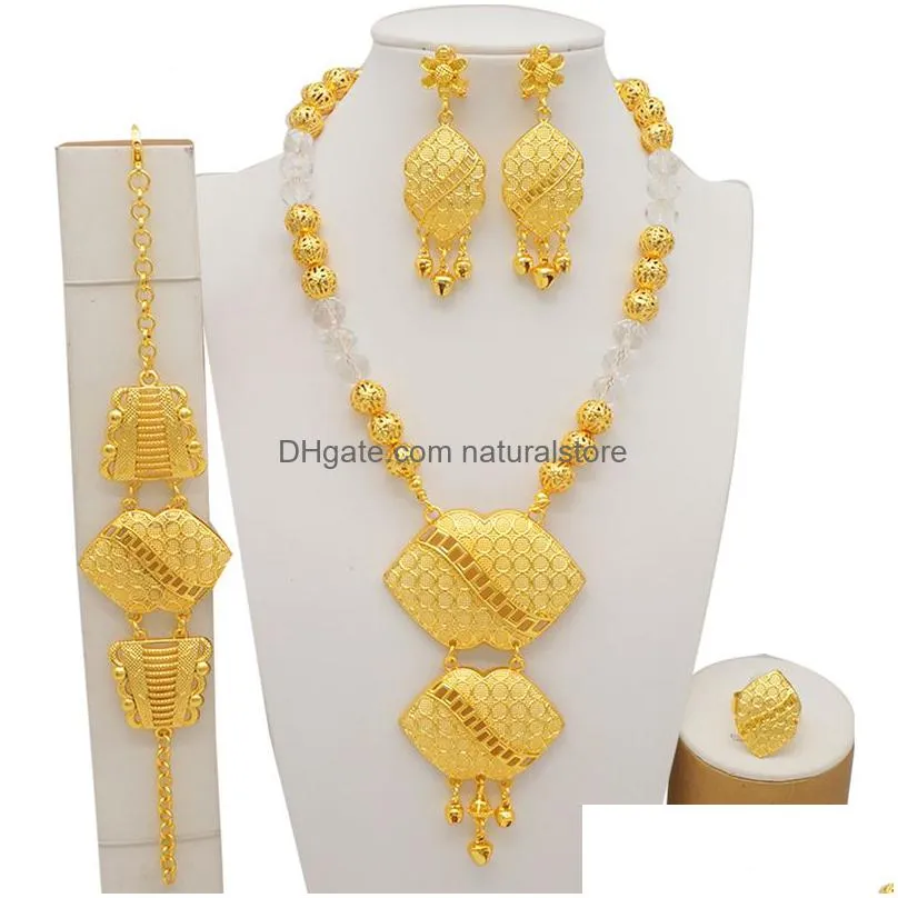 luxury dubai gold color sets african indian ethiopia bridal wedding gifts party for women necklace earrings jewelry set 220810