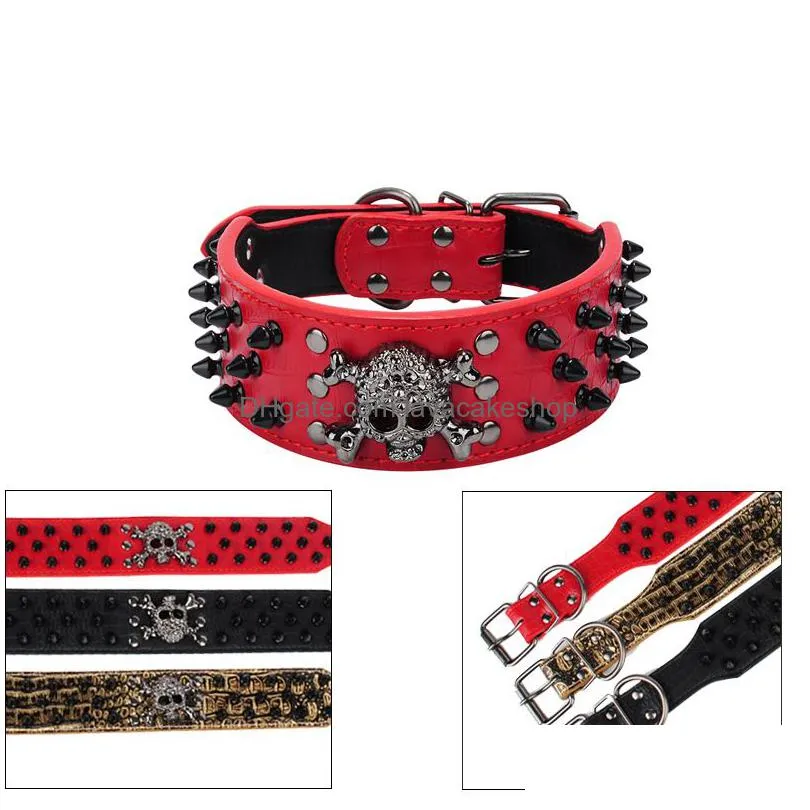 fashion wide spiked studded leather dog collars bullet rivets with cool skull pet accessories for medium large dogs s-xl 235c3