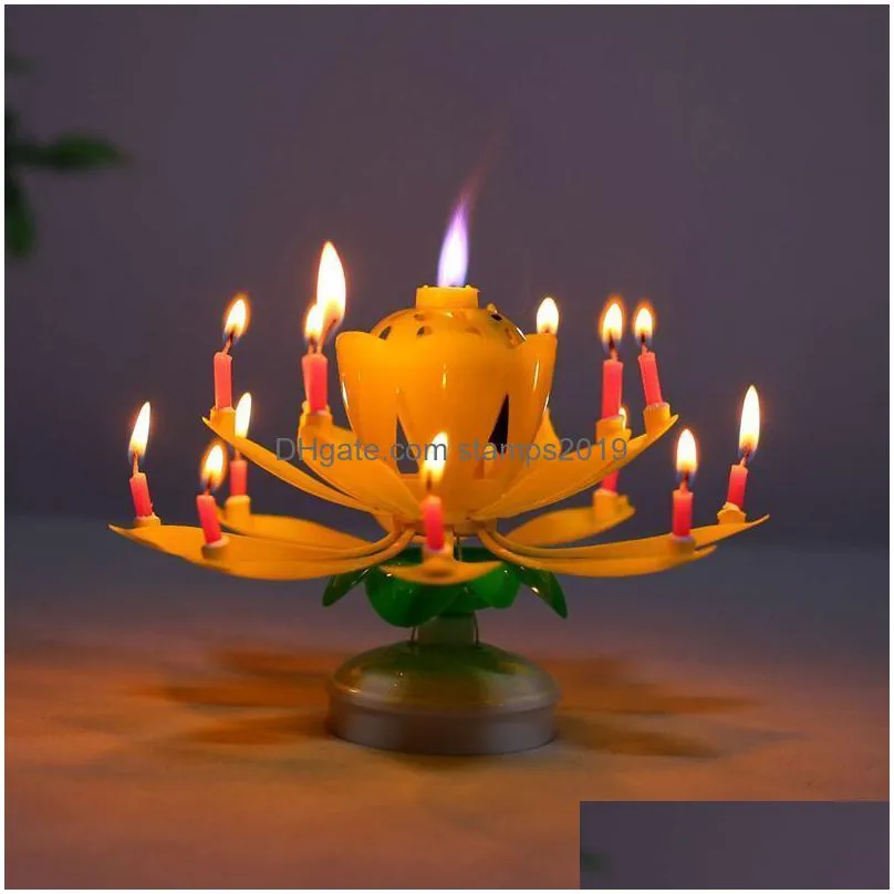 innovative musical rotating lotus flower candle light happy birthday diy cake decoration wedding party gifts 220804