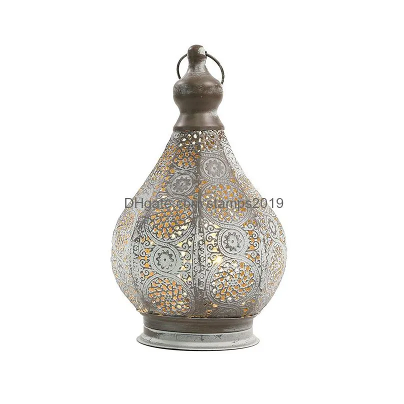 11.5 inch moroccan style candle holder lantern metal table battery powered lamp with edison bulb for garden home decor 220804