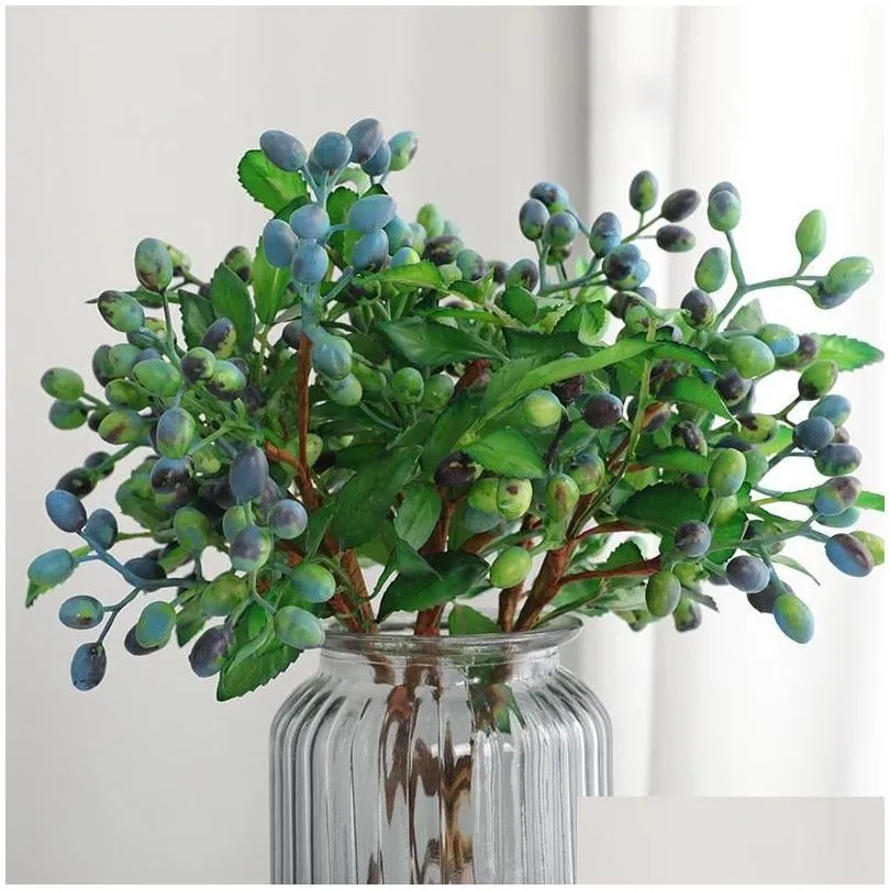 Decorative Flowers Wreaths 2Pcs/5 Branch Fake Blueberry Artificial Plant Floral Decor For Garden Home Ramadan Greenery Faux Plantas Otyyp