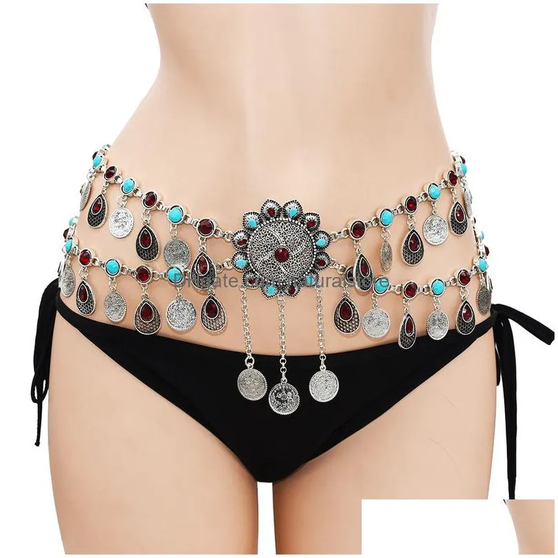 gypsy metal hippie boho flower turkish bohemian shimmy dress belt belly dance waist chain coins sexy body afghan indian jewelry 220819