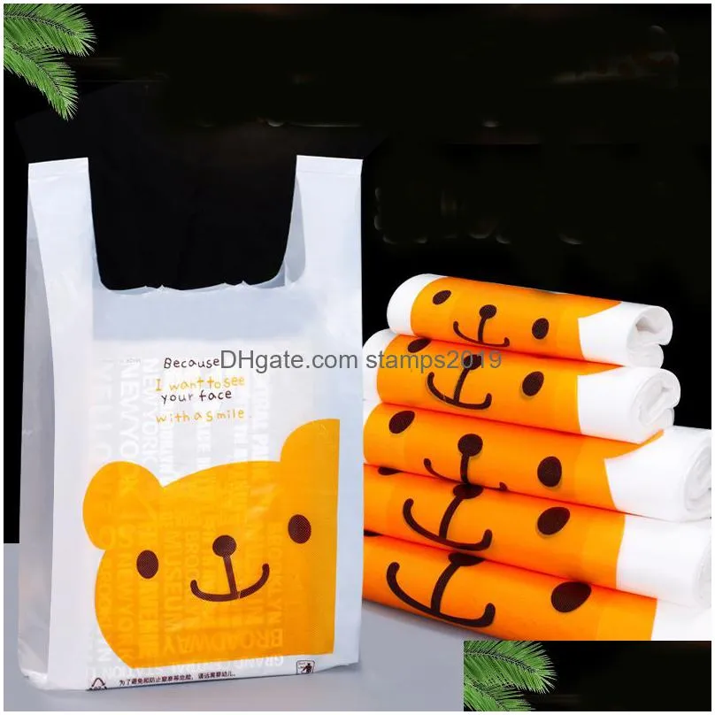 50 pcs cute tote plastic shopping handles convenience storeb cartoon with gift bag bundle retail bags 210326