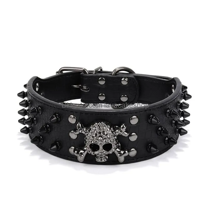 fashion wide spiked studded leather dog collars bullet rivets with cool skull pet accessories for medium large dogs s-xl 235c3