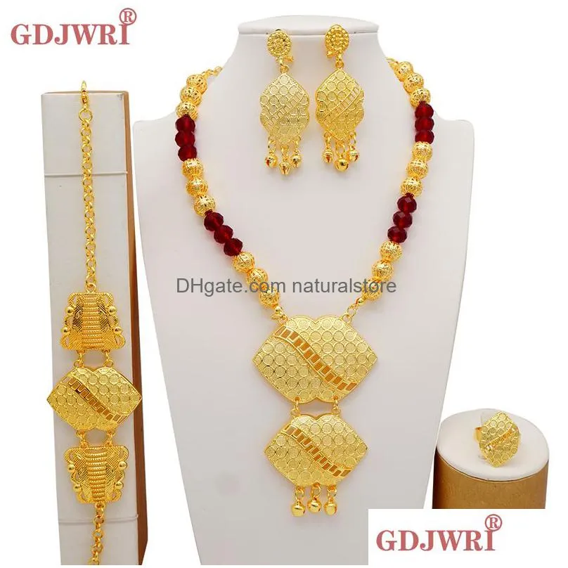 luxury dubai gold color sets african indian ethiopia bridal wedding gifts party for women necklace earrings jewelry set 220810