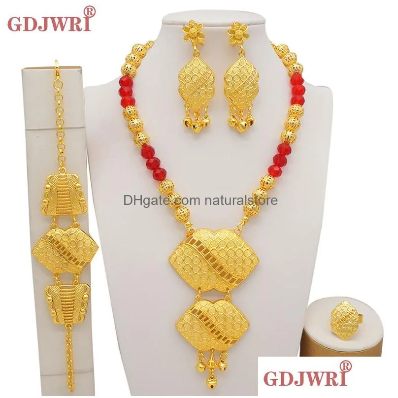 luxury dubai gold color sets african indian ethiopia bridal wedding gifts party for women necklace earrings jewelry set 220810