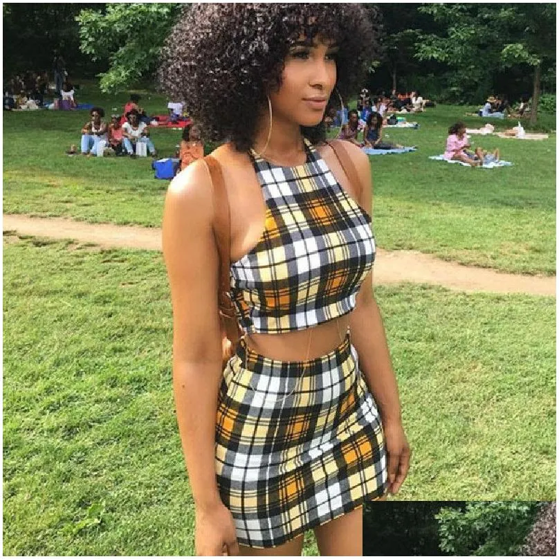 ANJAMANOR Yellow Plaid Print Sexy 2 Piece Set Womens Summer Matching Sets Club Outfits Crop Top and Skirt Short Suit D37-BF16 210204