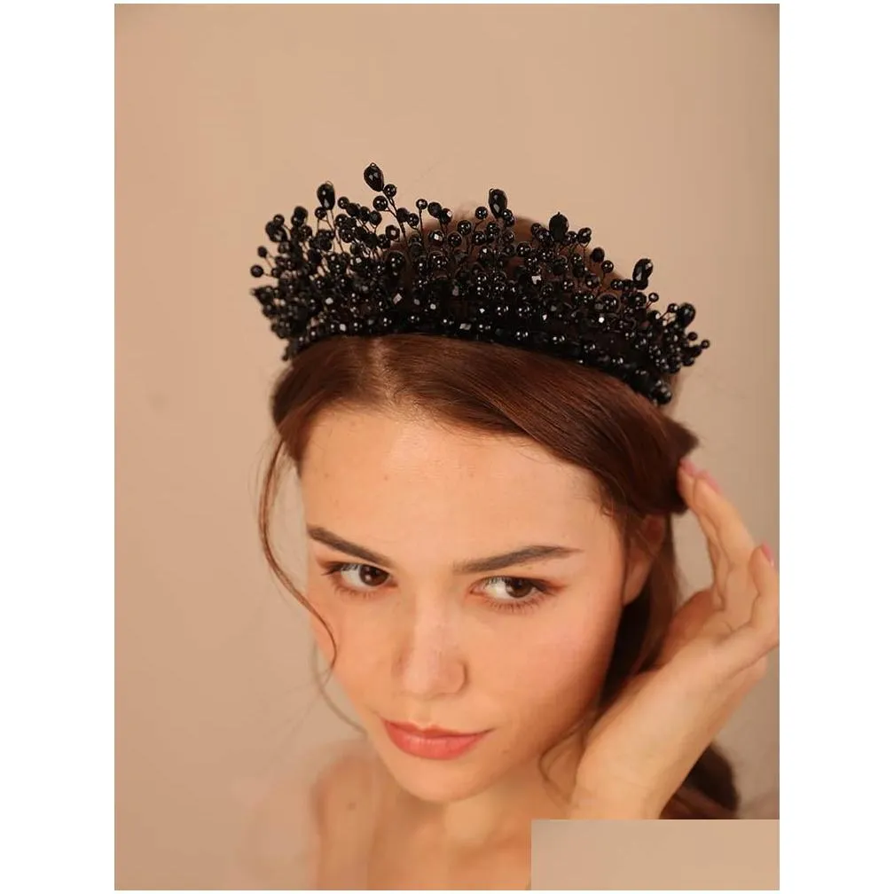 Headpieces Luxury Black Crystal Wedding Crown Fashion Handmade Bridesmaid Hair Jewelry Tiaras Bridal Accessories For Women Headpiece