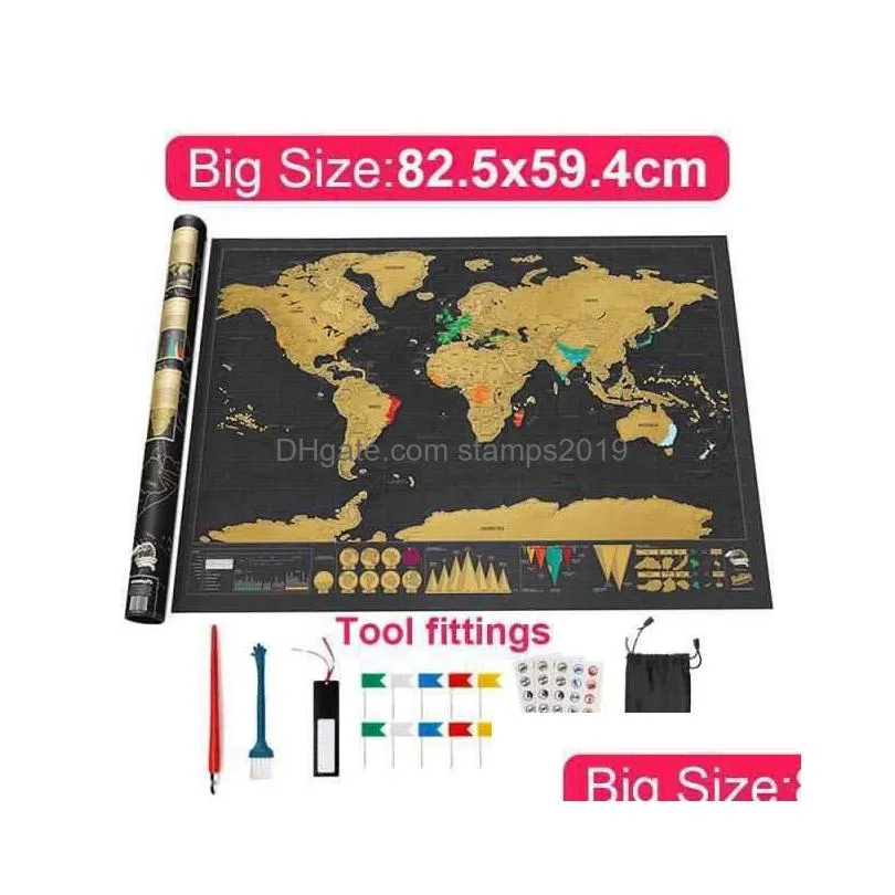 deluxe erase world travel map scratch off for room home office decoration wall stickers 211025
