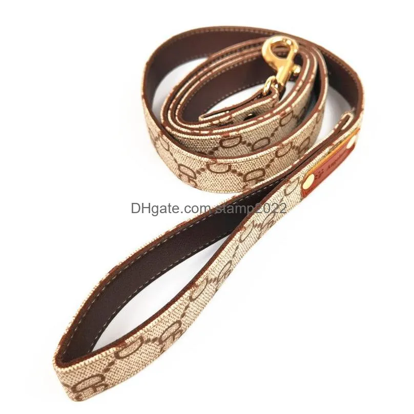 high quality brown luxury pet collars leather print dog leashes fashion pet neck 6221 q2