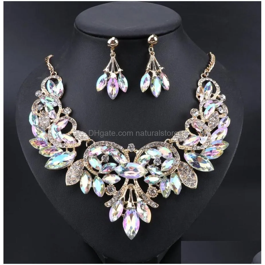 earrings necklace luxury indian bridal jewelry sets wedding party costume jewellery womens fashion gifts leaves crystal necklace earrings sets
