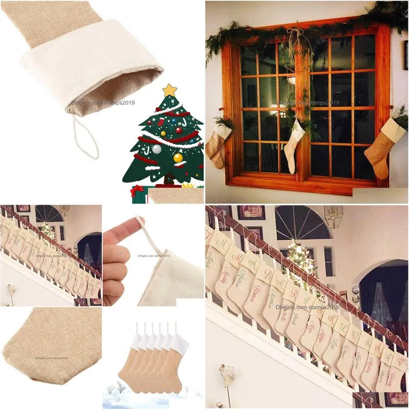 6pcs/set christmas socks large burlap stockings jute xmas stocking plain fireplace decor tabletop party decoration 211021