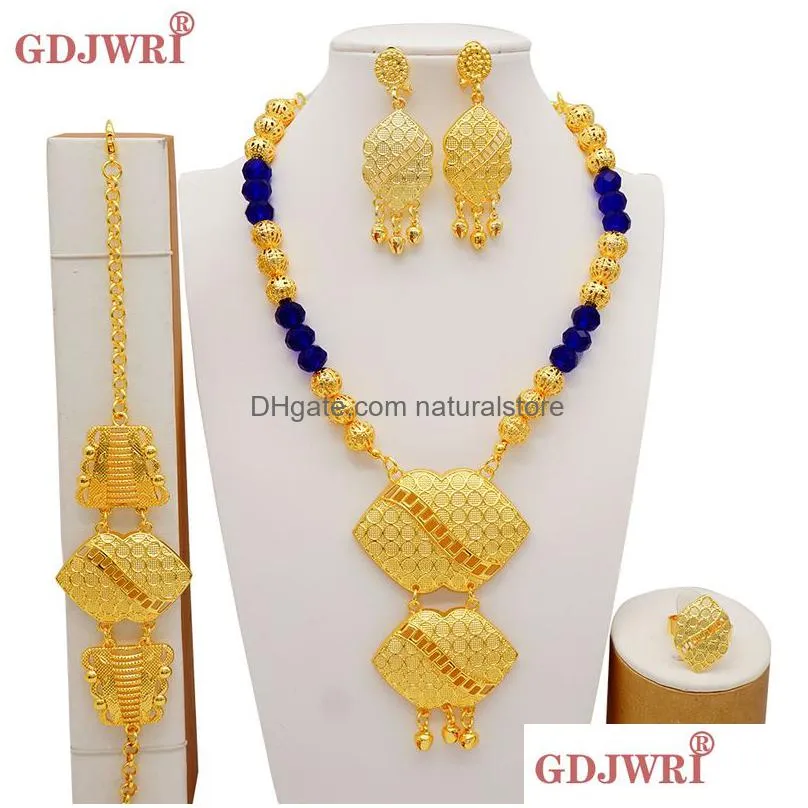 luxury dubai gold color sets african indian ethiopia bridal wedding gifts party for women necklace earrings jewelry set 220810