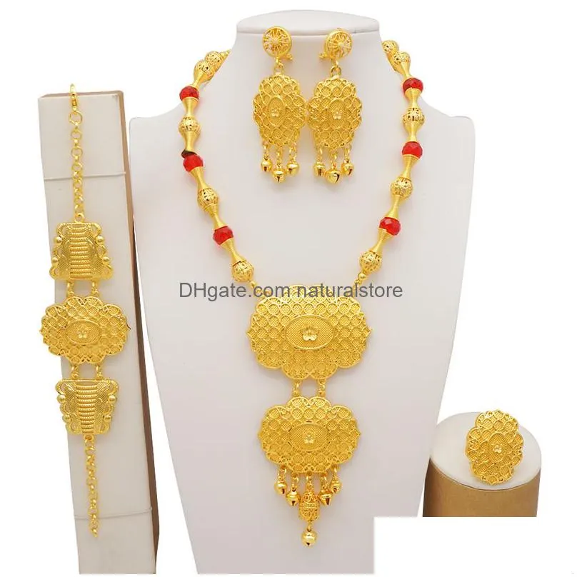luxury dubai gold color sets african indian ethiopia bridal wedding gifts party for women necklace earrings jewelry set 220810
