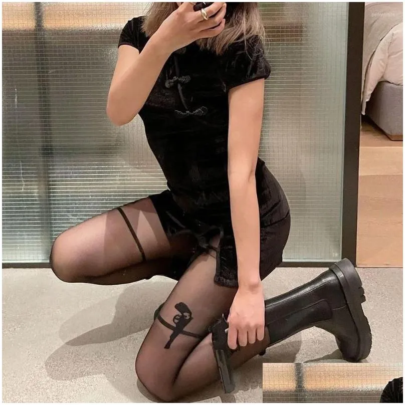 Women Socks Harajuku Sexy Black Pistol Pattern Tights Stockings Female Slim Thin Body Personality