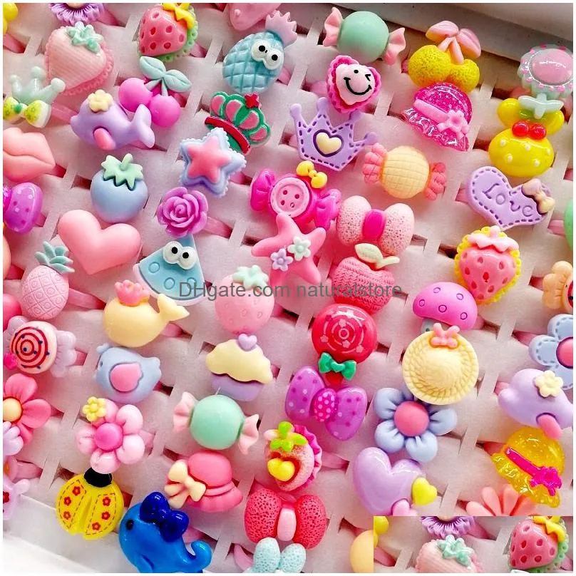 newest 200pcs/lot children`s cartoon rings charm finger band jewelry frosted heart shape animals flower baby girl tangible benefits kid