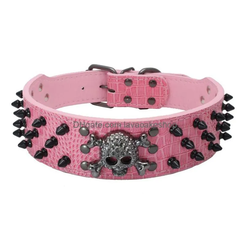 fashion wide spiked studded leather dog collars bullet rivets with cool skull pet accessories for medium large dogs s-xl 235c3