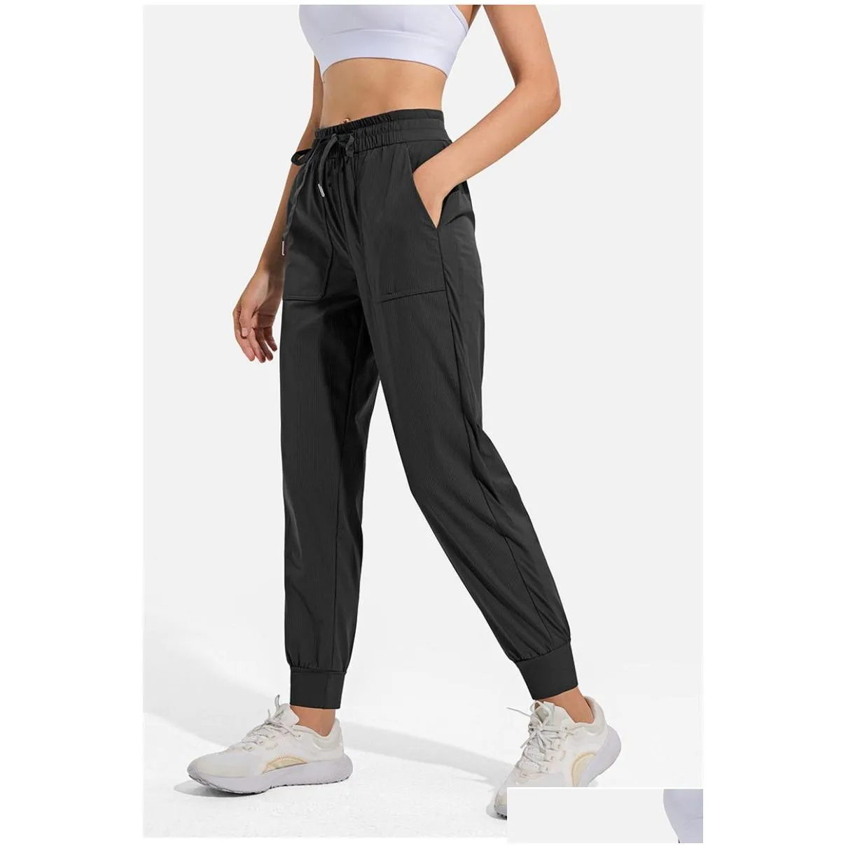 LL Women Jogging Yoga Ninth Pants Pocket Fitness Soft High Waist Hip Lift Elastic Casual Pants Drawstring Legs Sweatpants