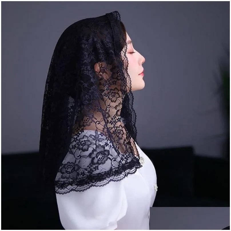 Bridal Veils Chapel Veil Mantilla Latin Mass Flower Embroidered Head Covering Lace Edge Scarf For Confirmation Baptism 2 Colors