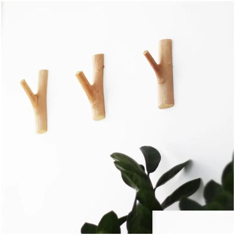 Hooks Rails 1Pc Handcraft Natural Wood Tree Branch Wall Hook Decorative Wooden Coat Mounted Self-Adhesive Sticker Hooks1 Drop Deliv Otejp