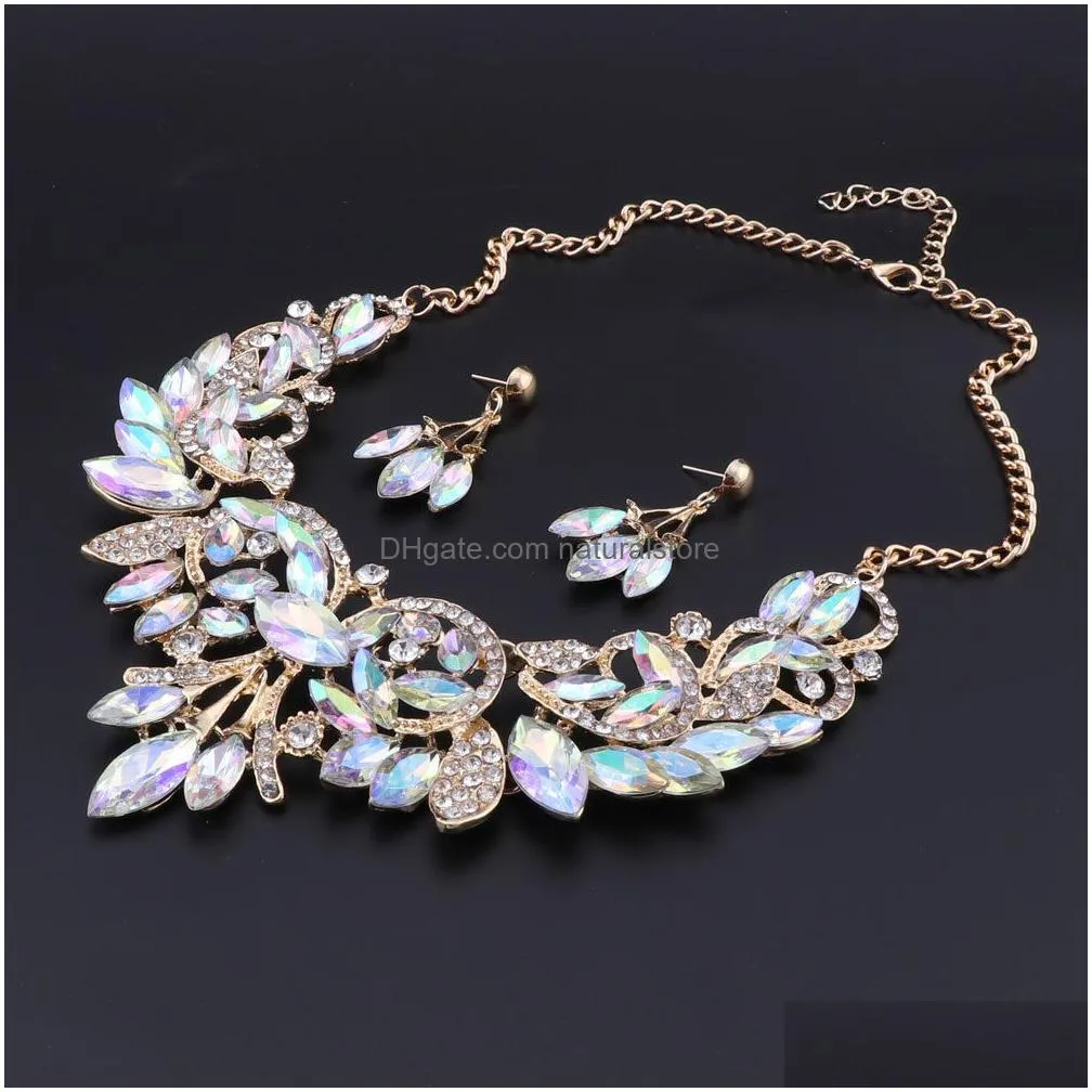 earrings necklace luxury indian bridal jewelry sets wedding party costume jewellery womens fashion gifts leaves crystal necklace earrings sets