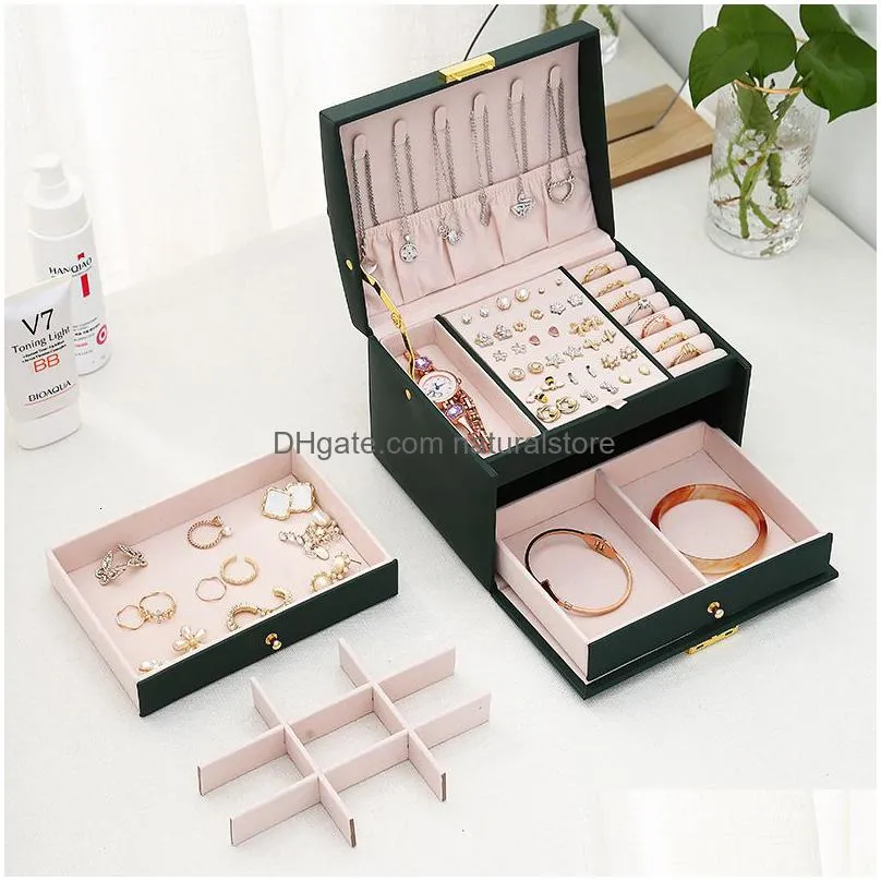 watch boxes cases multifunctional threelayer leather drawerstyle jewelry box earrings lock jewelry box 230325