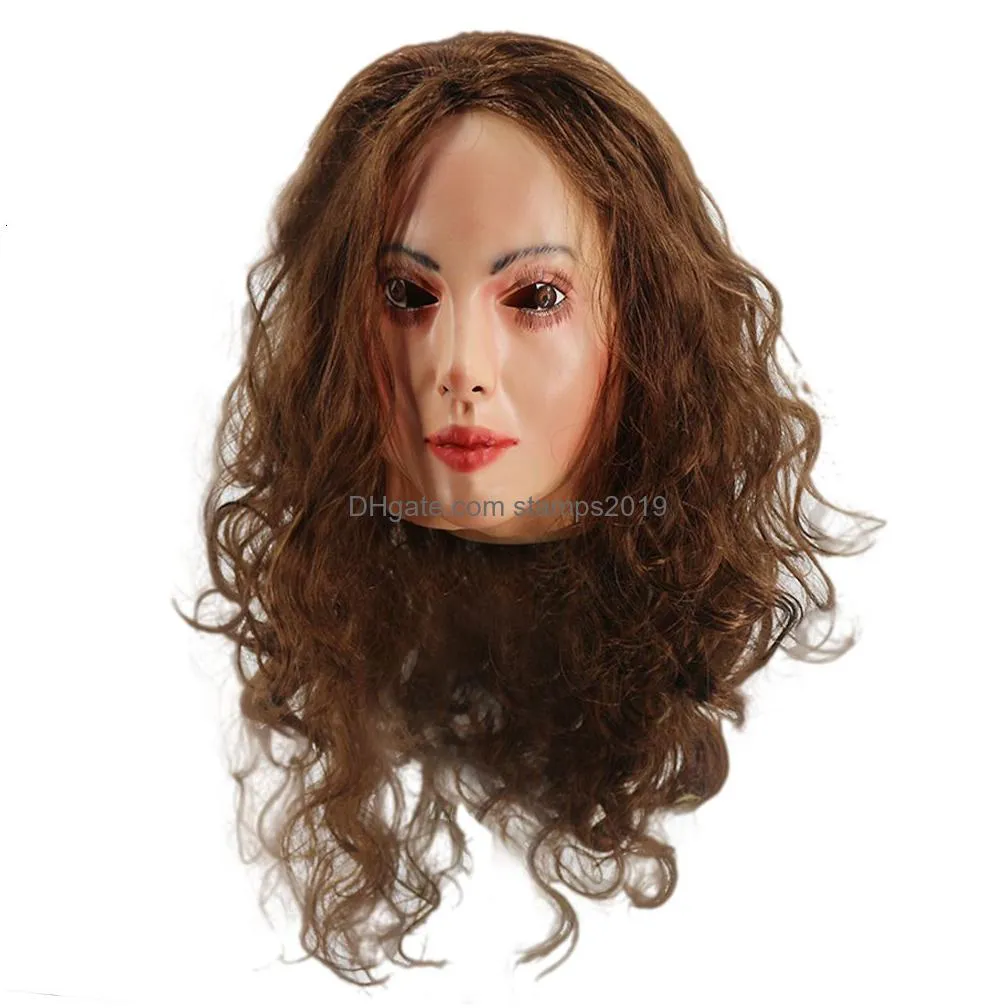 party masks realistic female latex mask woman face halloween with wig lady crossdressing sissy transgender costume 230705