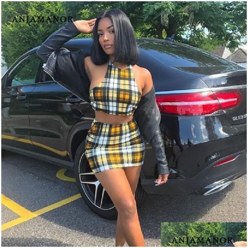 ANJAMANOR Yellow Plaid Print Sexy 2 Piece Set Womens Summer Matching Sets Club Outfits Crop Top and Skirt Short Suit D37-BF16 210204