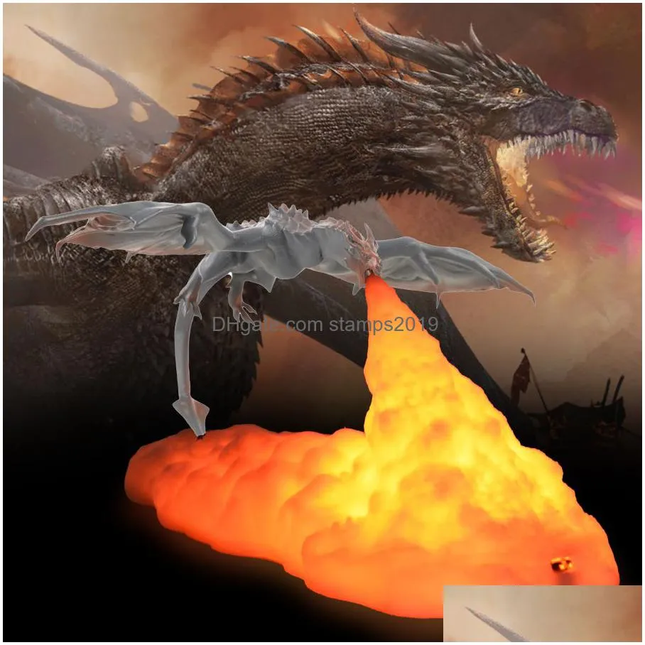 decorative objects figurines 3d room decor print led fire dragon ice lamps home desktop rechargeable lamp gift for children family