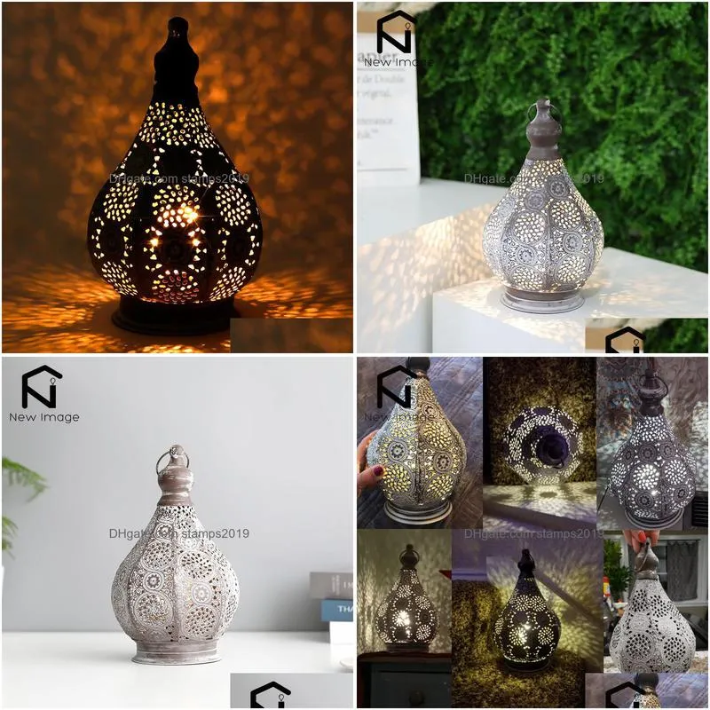 11.5 inch moroccan style candle holder lantern metal table battery powered lamp with edison bulb for garden home decor 220804