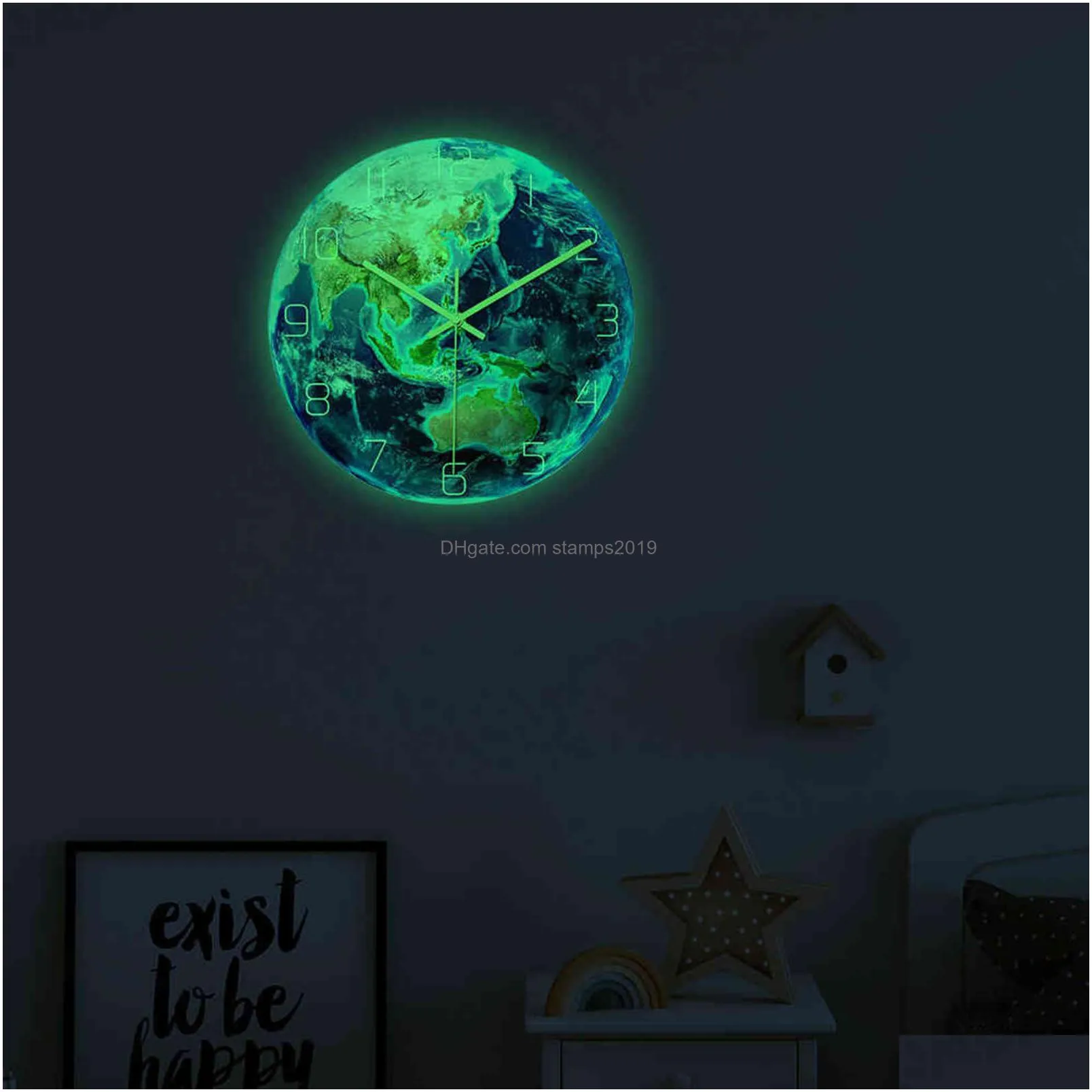 night glowing acrylic 3d earth wall clock in dark fluorescent luminous needle art horloge modern home decoration living room 211103