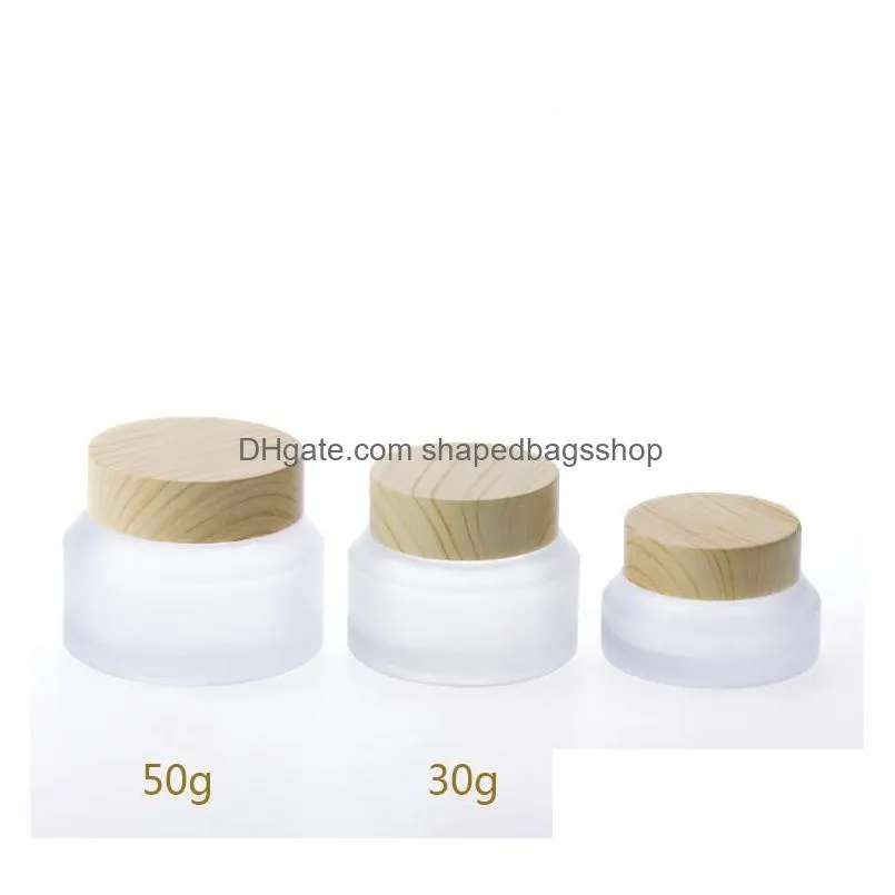 wholesale 15g 30g 50g travel jars for creams cosmetic can set wood grain frosted glass portable cream box 1oz glass container sn3117