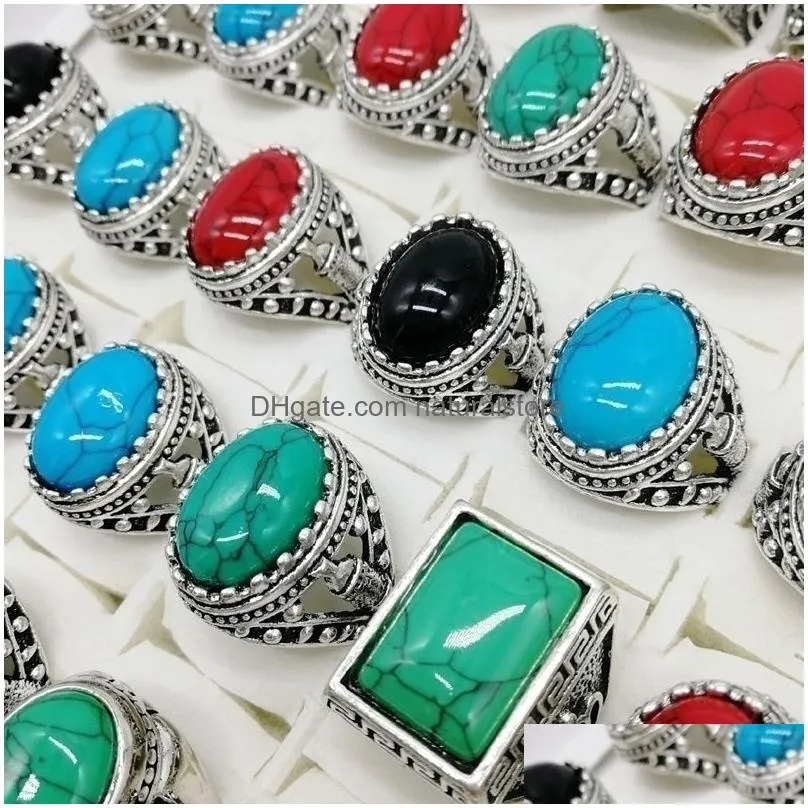 fashionable 30 pcs/set gem pinestone turquoise band rings retro bohemia style charm mix metal big size men and women beautiful jewelry party