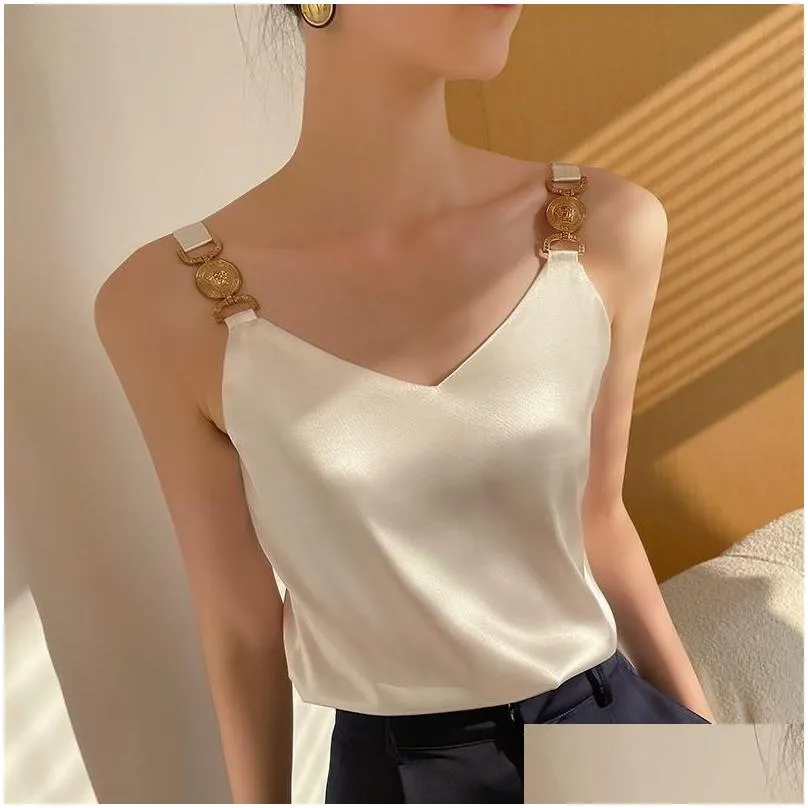 Womens T-Shirt Cami Top Vneck Solid Fashion Sleeveless Women Temperament Elegant Office Lady Backless Silk Spaghetti Camis Summer Dr Otcqd